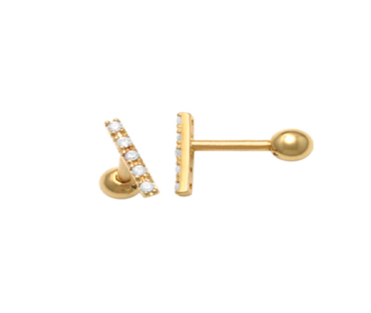 14K Yellow Gold 7.5x1mm Micropave Straight Bar Ear/Nose Stud with Ball Screw-Back