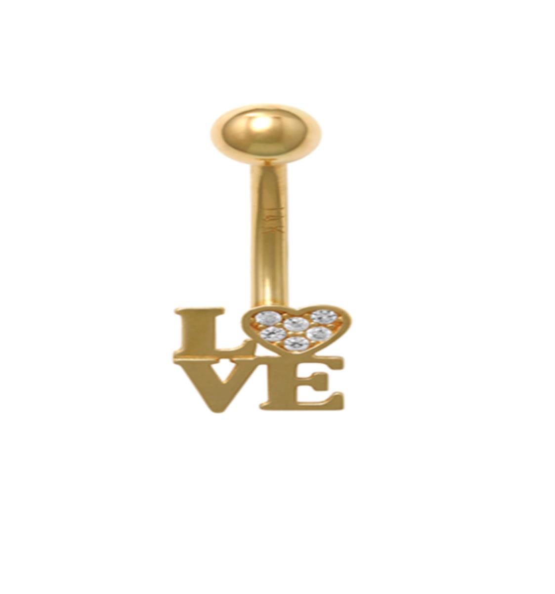 14K Yellow Gold Pave & Polished "Love" Screw-Back Curved Navel Barbell