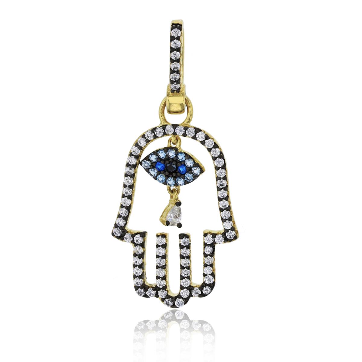 Sterling Silver Black & Yellow Pave Hamsa with Dangling Evil Eye Pendant