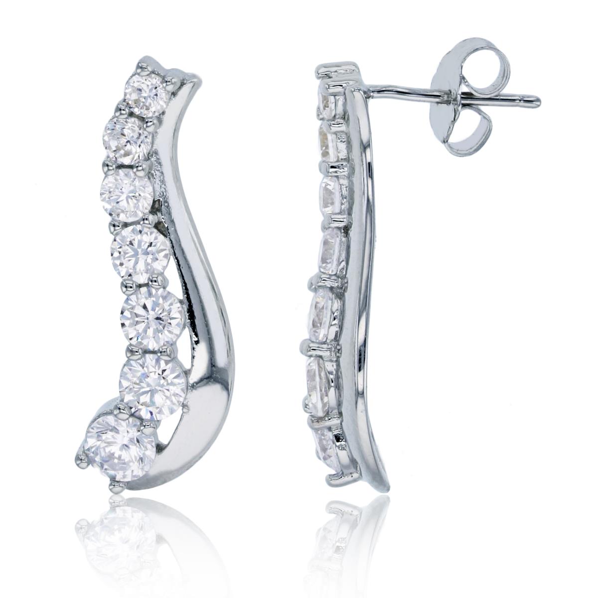 Sterling Silver Rhodium Pave Graduated & Polished "S" Shaped Earring