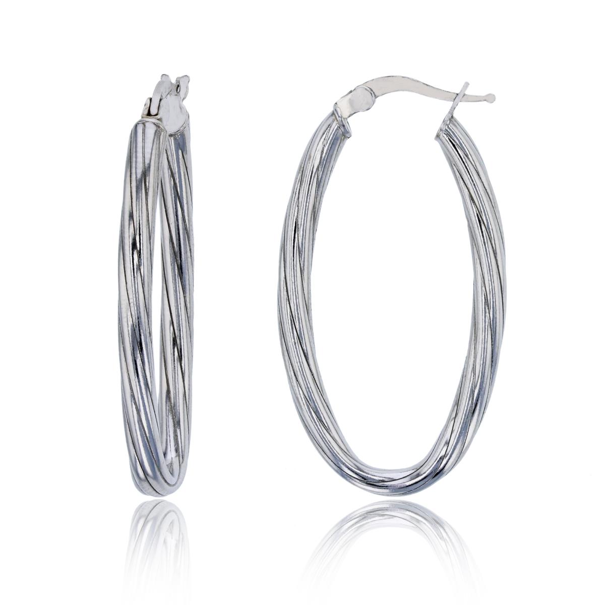 Sterling Silver Rhodium 35x8mm Slashed Lines Elongated Oval Hoop Earring
