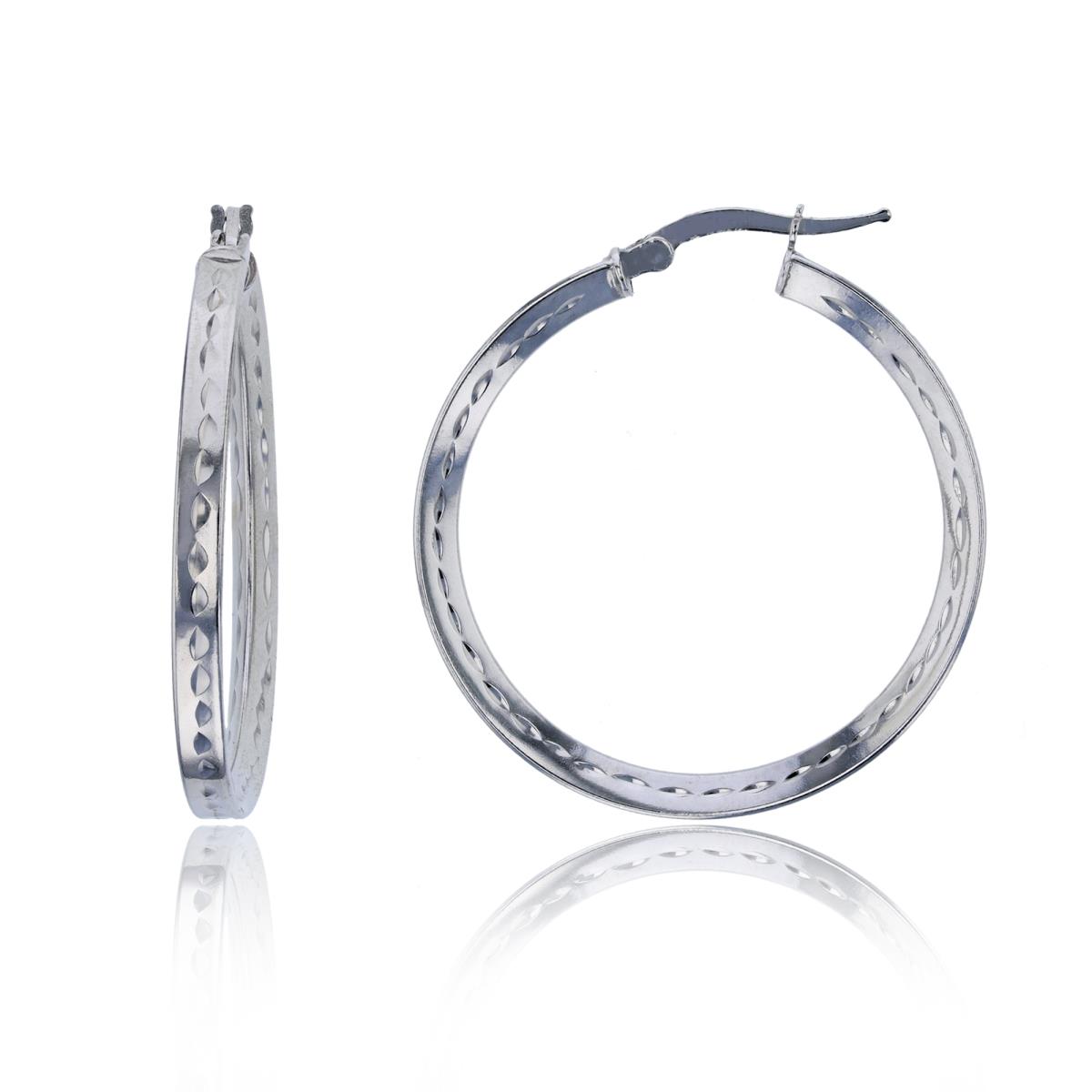 Sterling Silver Rhodium 35x3mm Diamond Cut Circle Hoop Earring