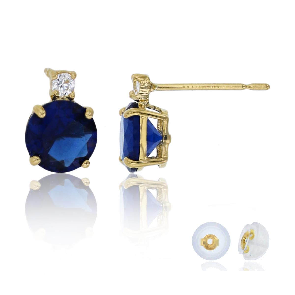 14K Yellow Gold 6mm Sapphire & 2mm White Round Cut CZ Stud Earring with Silicone Back