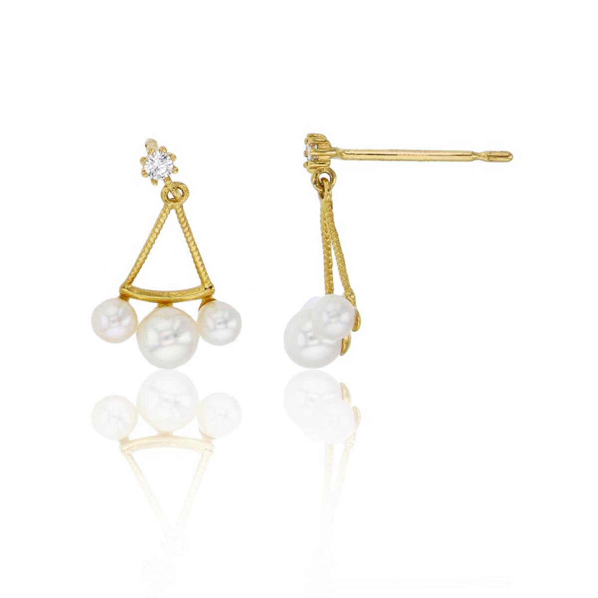 10K Yellow Gold 2mm & 3mm Freshwater Pearls Dangling Triangle Earring
