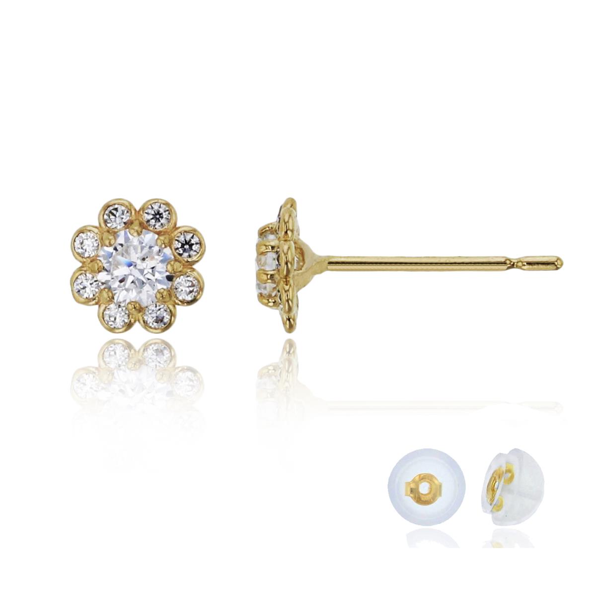 14K Yellow Gold 3mm Rd Cut Center CZ Flower Stud Earring with Silicone Back
