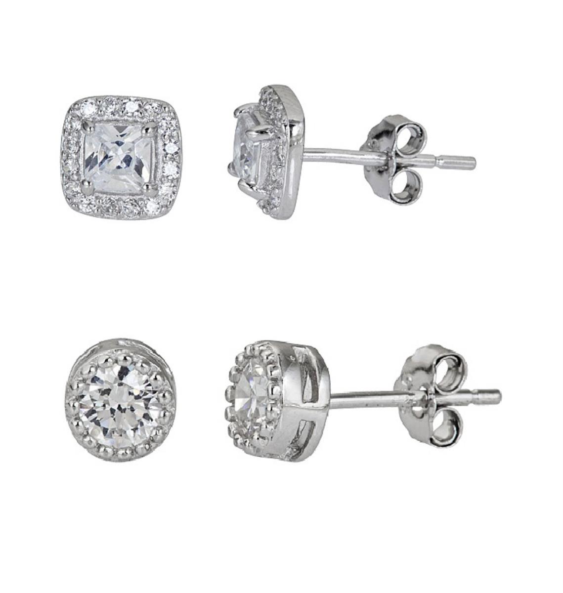 Sterling Silver Round Milgrain Solitaire & Square Halo Petite Pave Stud Earring Set