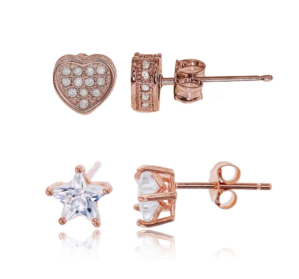Sterling Silver Rose Micropave 3D Heart & 6x6mm AAA Star Solitaire Stud Earring Set