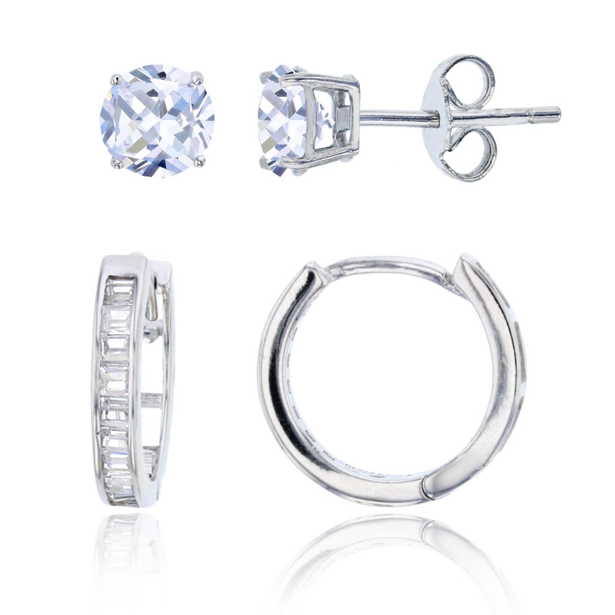 Sterling Silver Channel Set Bagguete Huggies & 5mm AAA Round Solitaire Stud Earring Set