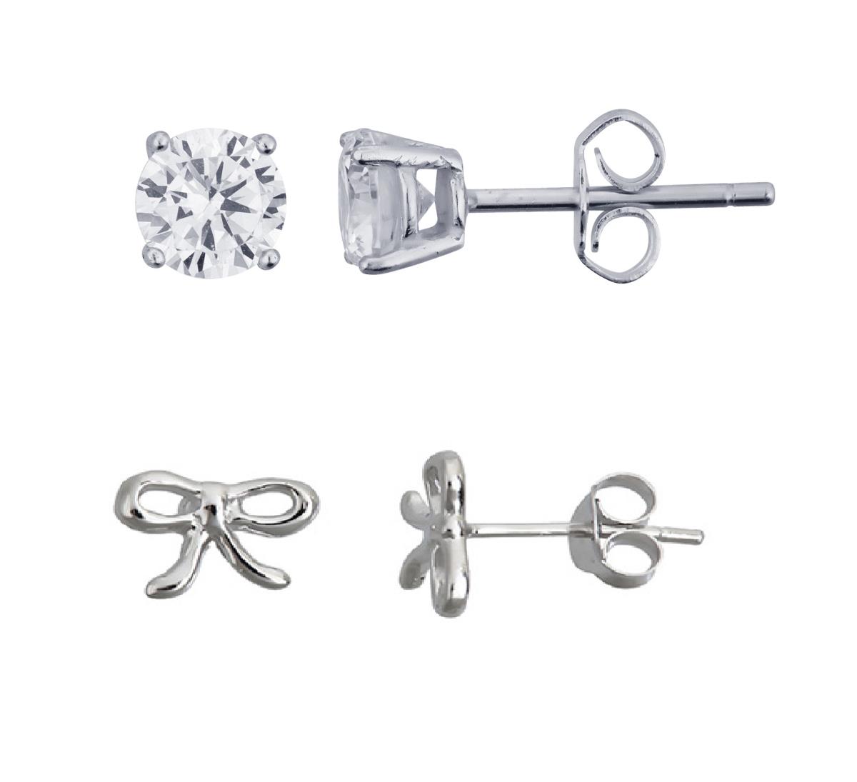 Sterling Silver Rhodium Ribbon & 5mm AAA Round Solitaire Stud Set