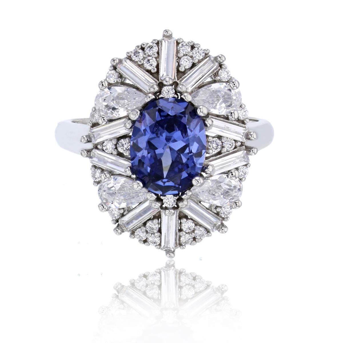 Sterling Silver Rhodium 9x7mm Tanzanite Oval with White Baguette & Rd Cut CZ Fashion Ring
