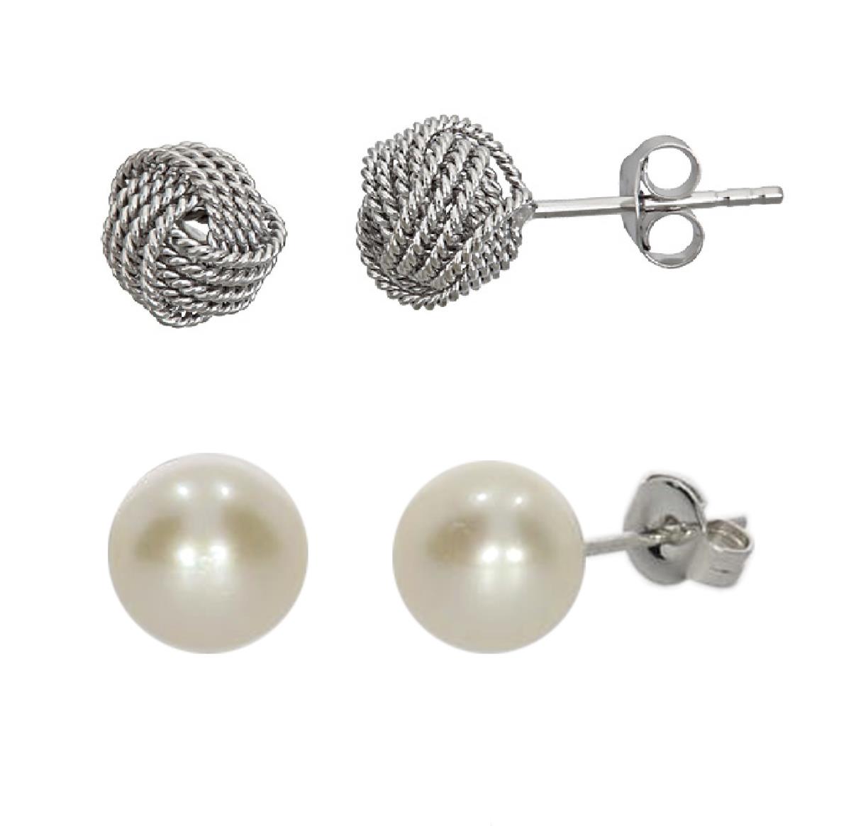 Sterling Silver Rhodium 5-6mm Freshwater Pearl & 7mm Cable Twist Love Knot Stud Set