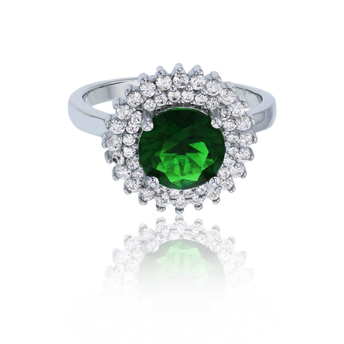 Sterling Silver Rhodium 8mm Emerald Round Cut & White CZ Sun Fashion Ring