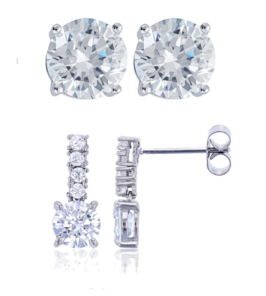 Sterling Silver Rhodium 6mm Round Cut Solitaire Stud & Drop Earring Set