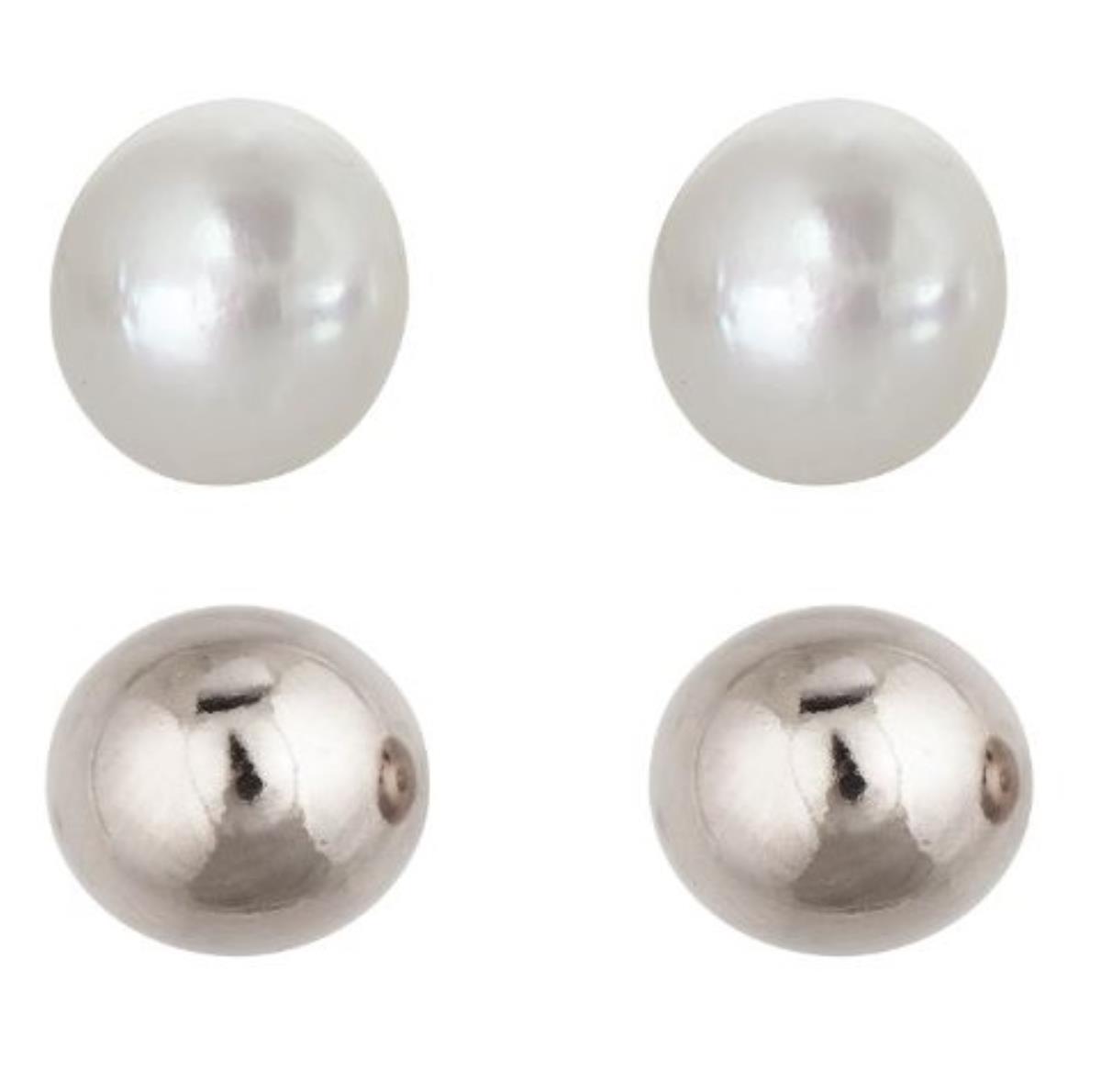 Sterling Silver Rhodium 5mm Pearl and 6mm Ball Stud Set