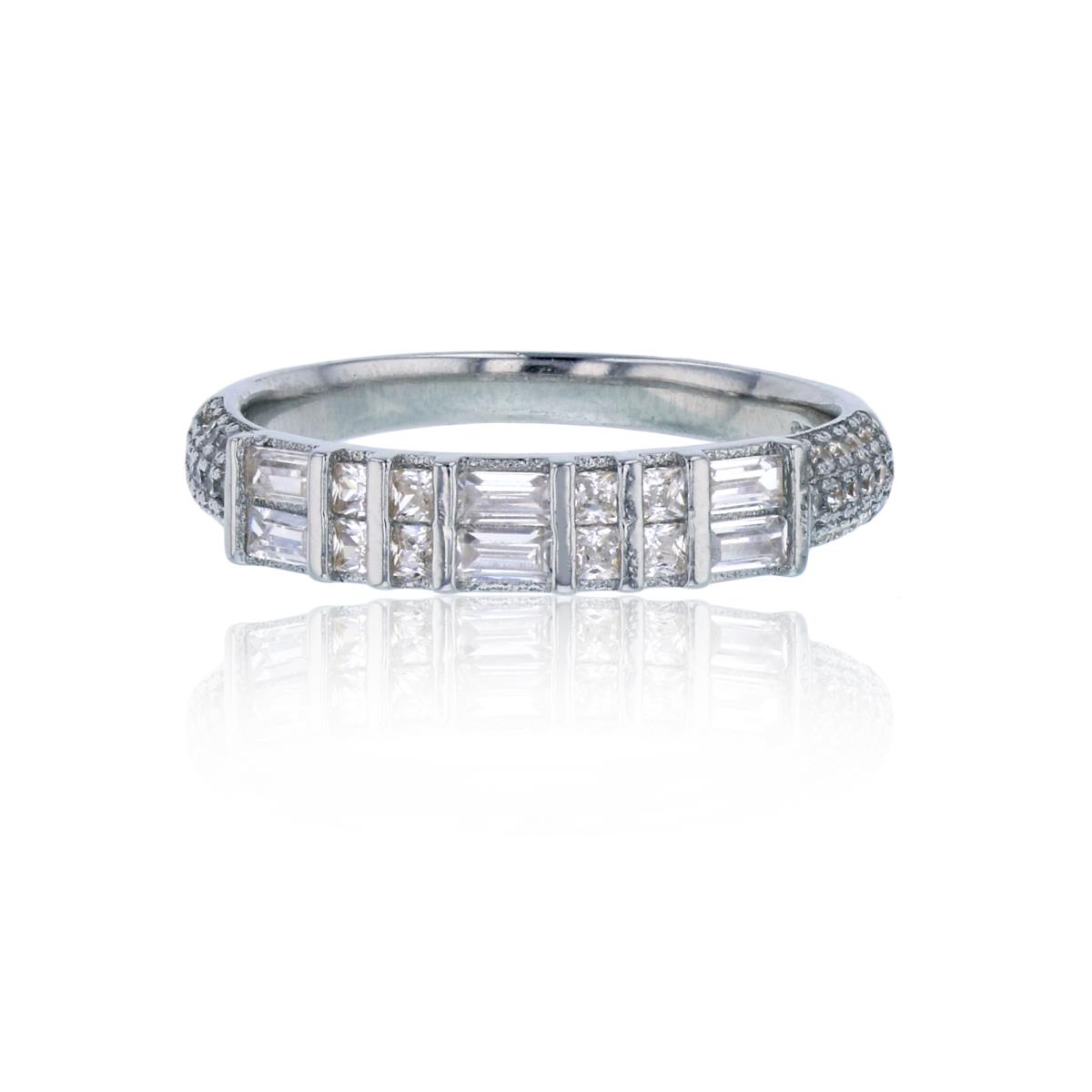 Sterling Silver Rhodium 3-Row Pave Round Cut & Baguette CZ Fashion Ring