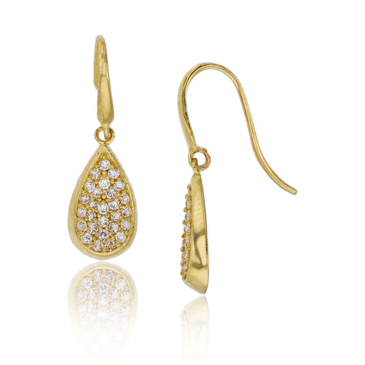 10K Yellow Gold 19x6mm Micropave Concave Teardrop Dangling Earring