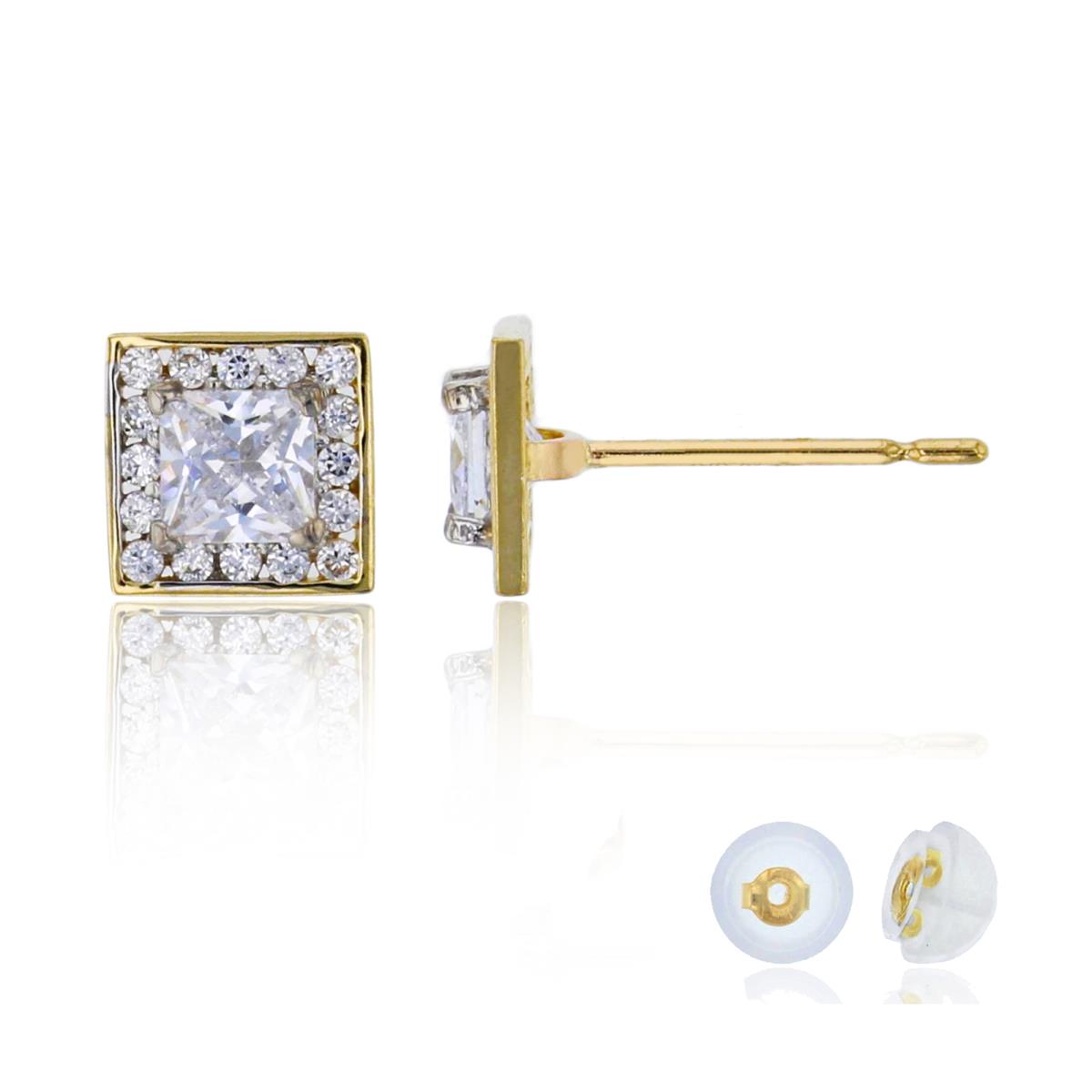 14K Two-Tone Gold 3.5mm Princess Cut Square Stud Earring with Silicone Back