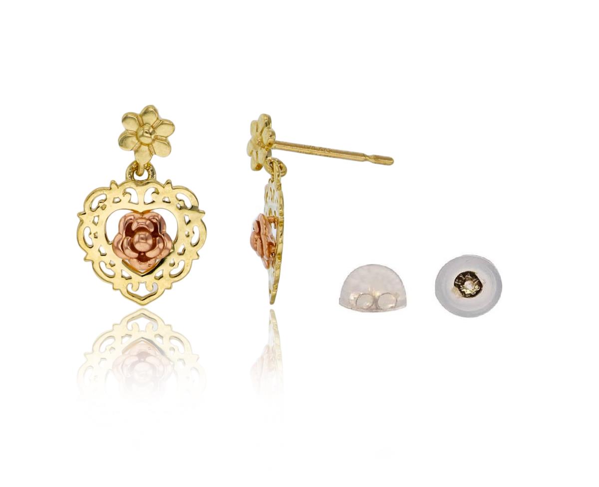 14K Two-Tone Gold 14x9mm Filigree Heart with Center Rose Earring with Silicone Back