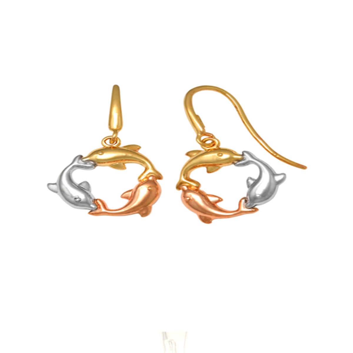 10K Tricolor Gold Rotating Dolphins Dangling Fish-Hook Earring