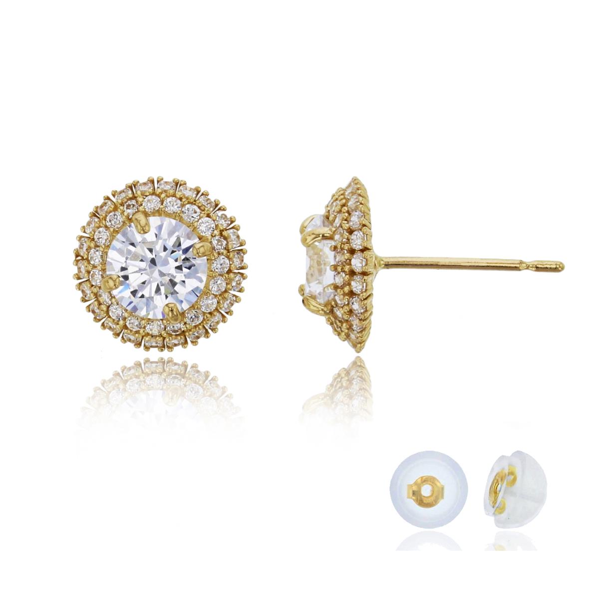 14K Yellow Gold 5.25mm Round Cut Double Halo Domed Stud Earring with Silicone Back