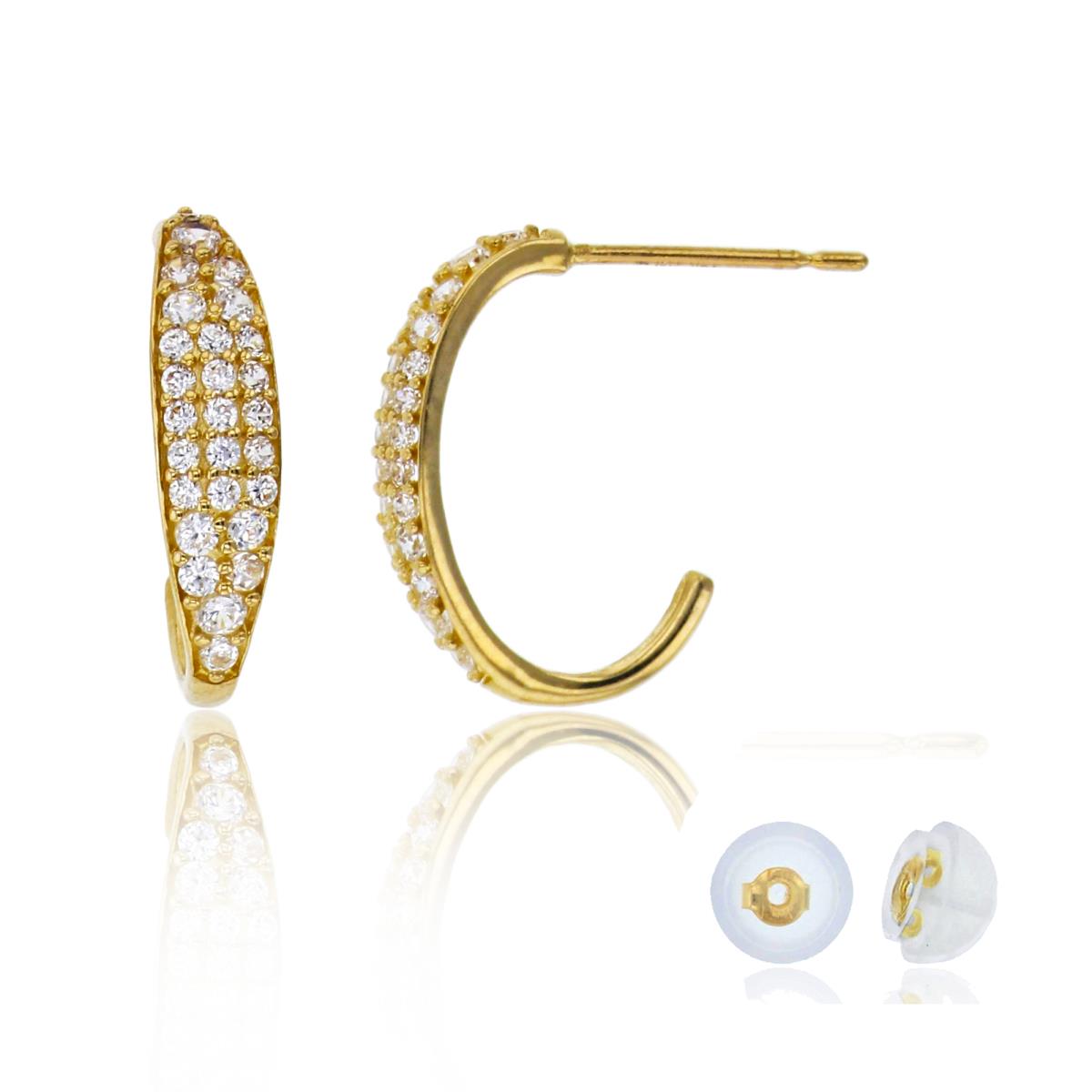 14K Yellow Gold 15x4mm Micropave Graduated Curved Half Hoop Earring with Silicone Back