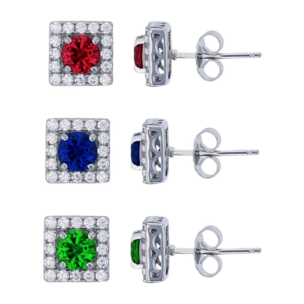 Sterling Silver Rhodium Pave 5mm Rd Blue Sapphire, Ruby & Green CZ Square Stud Earring Set 
