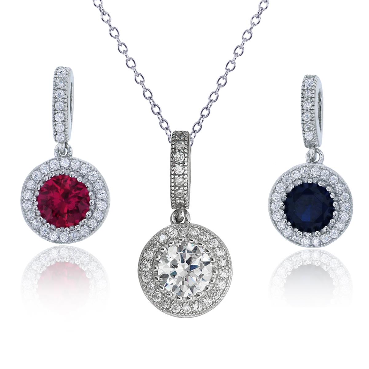 Sterling Silver Rhodium 5.50mm Clear,Sapphire &  Ruby Round Bezel Halo Pendants with 18" Rollo Chain Set