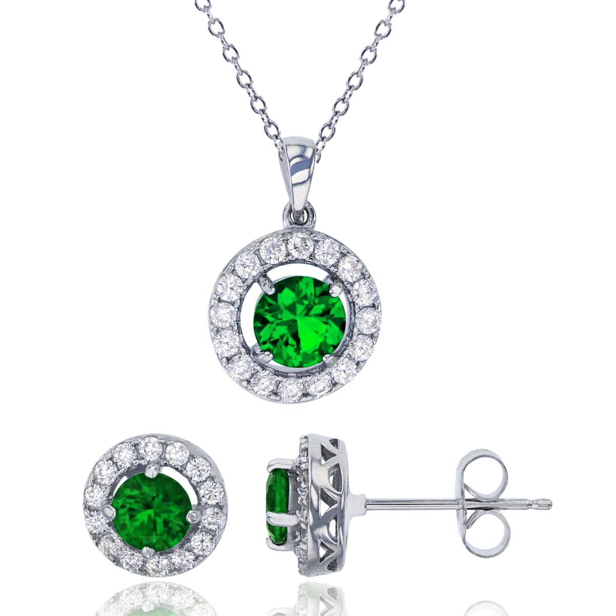 Sterling Silver Rhodium Pave Round Green CZ Halo 18" Necklace & Earring Set