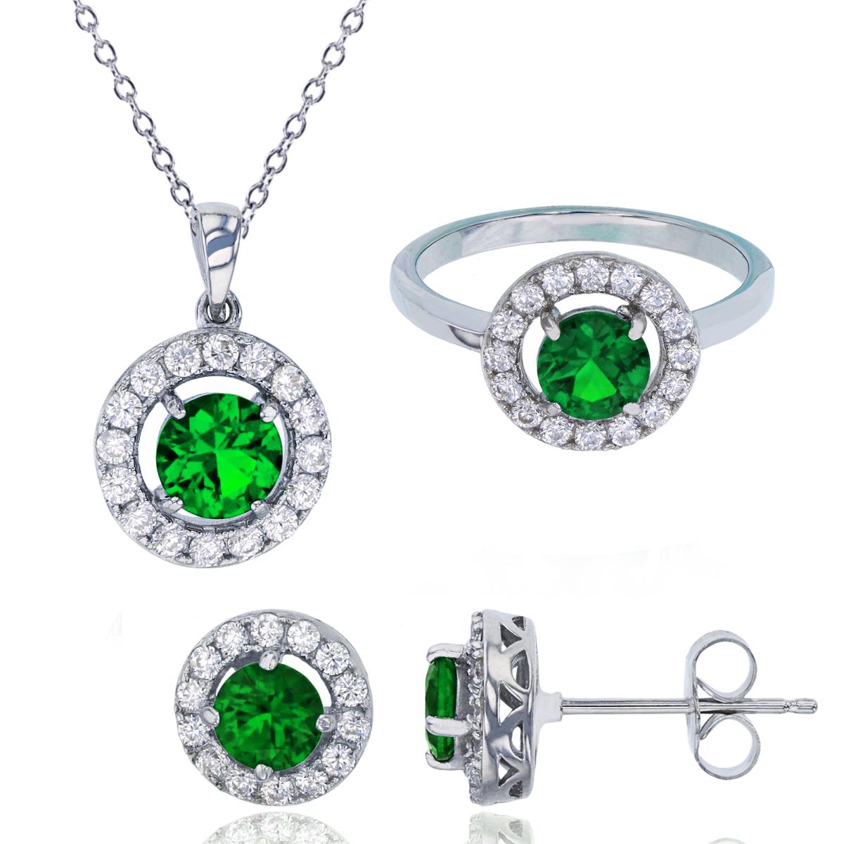 Sterling Silver Rhodium Pave Round Green CZ Halo 18" Necklace, Earring & Ring Set