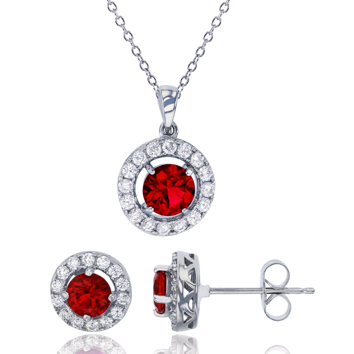 Sterling Silver Rhodium Pave Round Ruby CZ Halo 18" Necklace & Earring Set