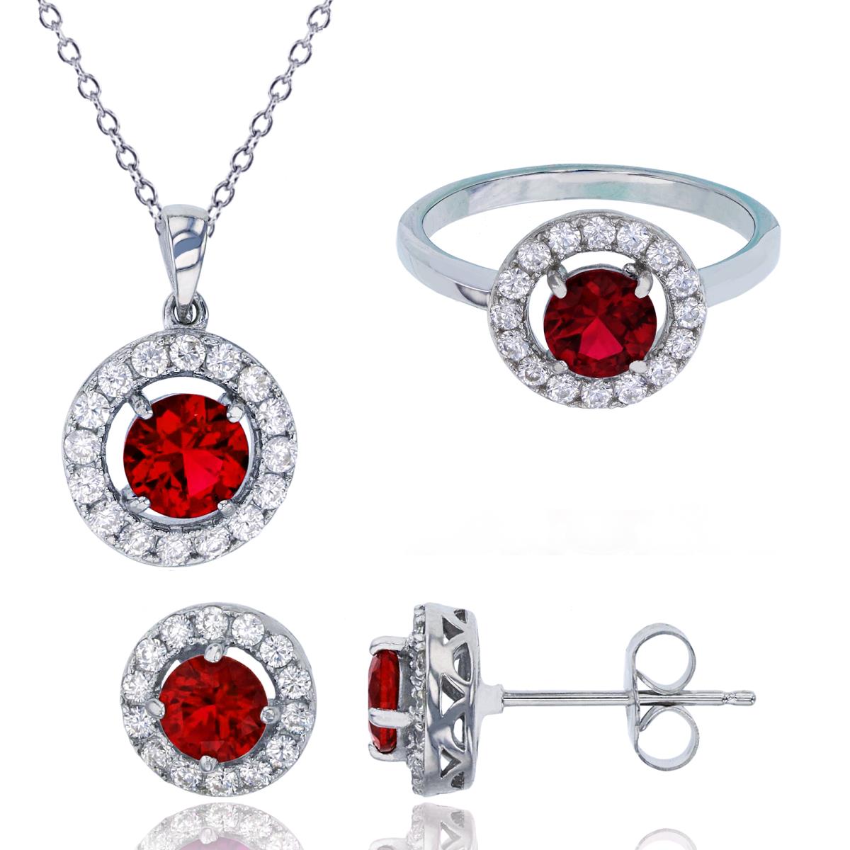 Sterling Silver Rhodium Pave Round Ruby CZ Halo 18" Necklace, Earring & Ring Set