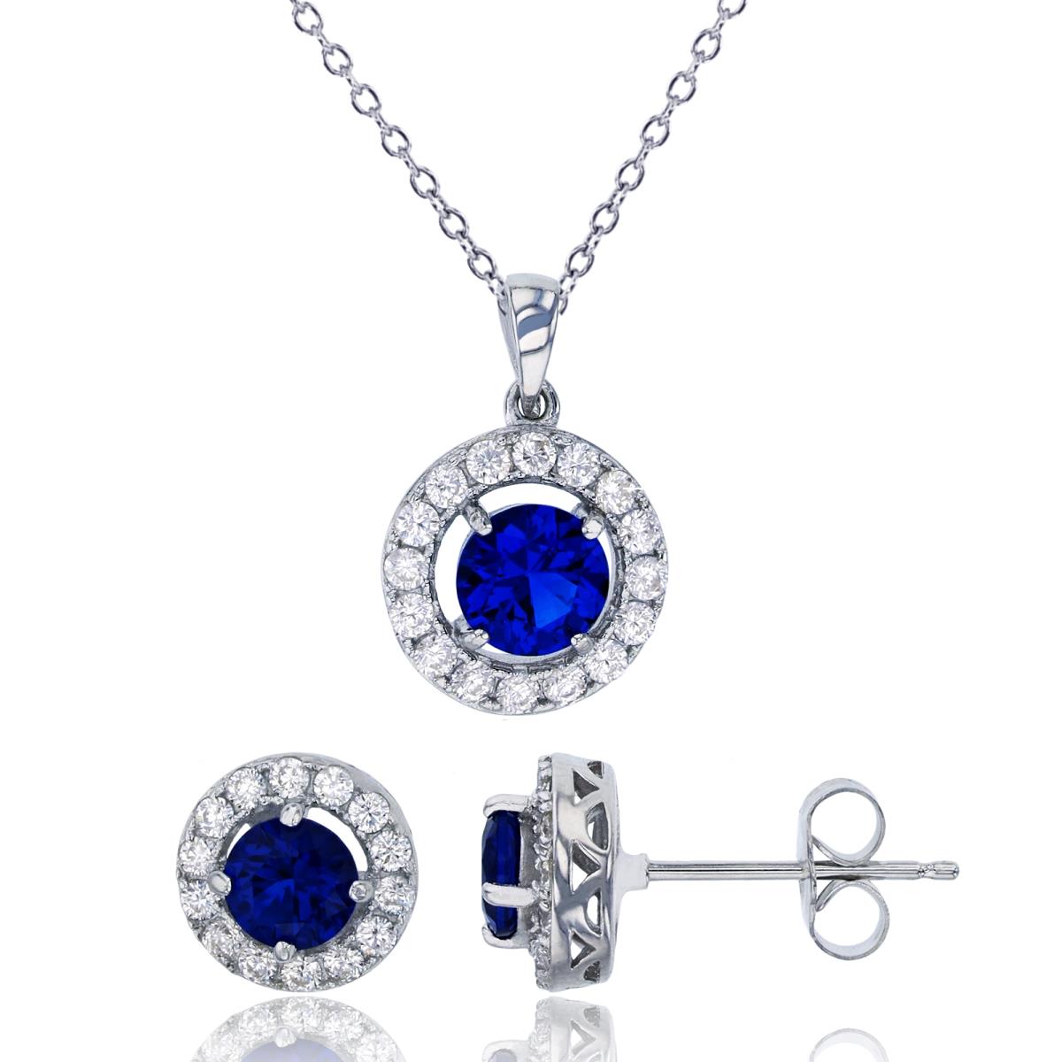 Sterling Silver Rhodium Pave Round Sapphire CZ Halo 18" Necklace & Earring Set