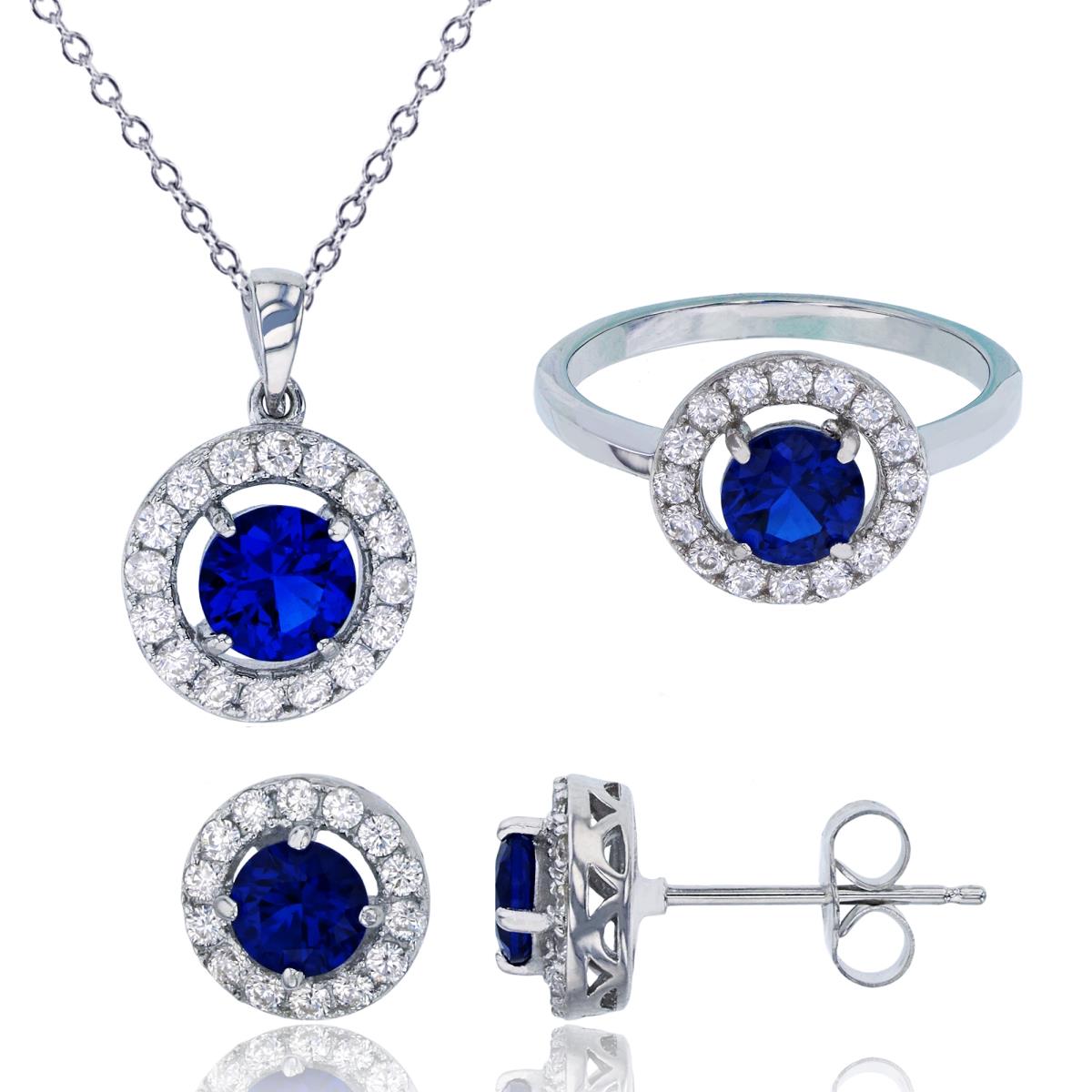 Sterling Silver Rhodium Pave Round Sapphire CZ Halo 18" Necklace, Earring & Ring Set