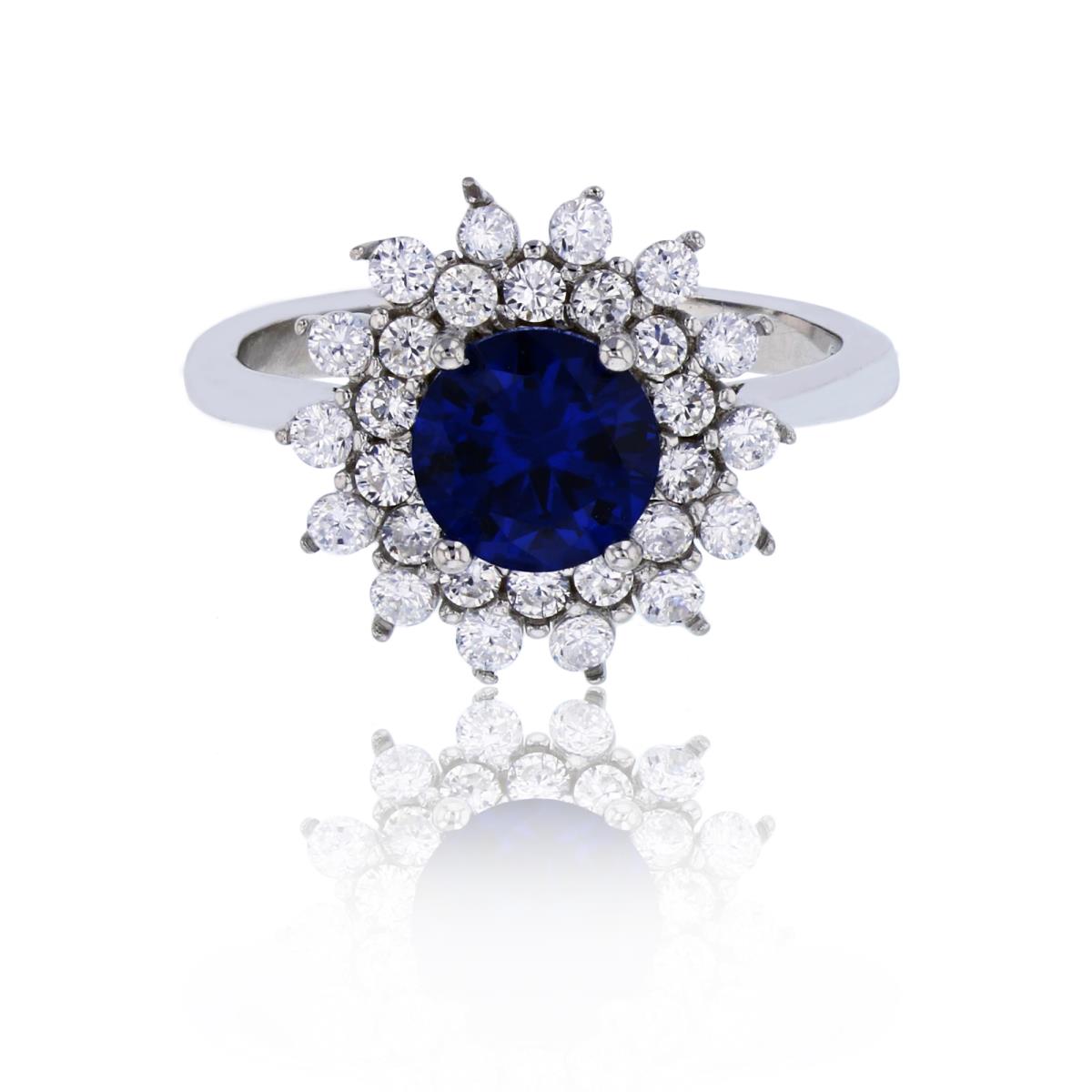 Sterling Silver Rhodium 7mm Round Cut Sapphire Blue & White CZ Flower Fashion Ring