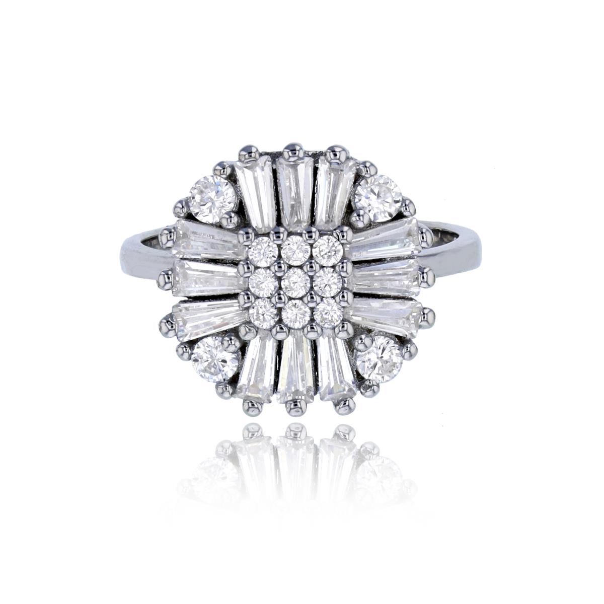 Sterling Silver Rhodium Pave White Baguette & Round CZ Cushion Shaped Fashion Ring