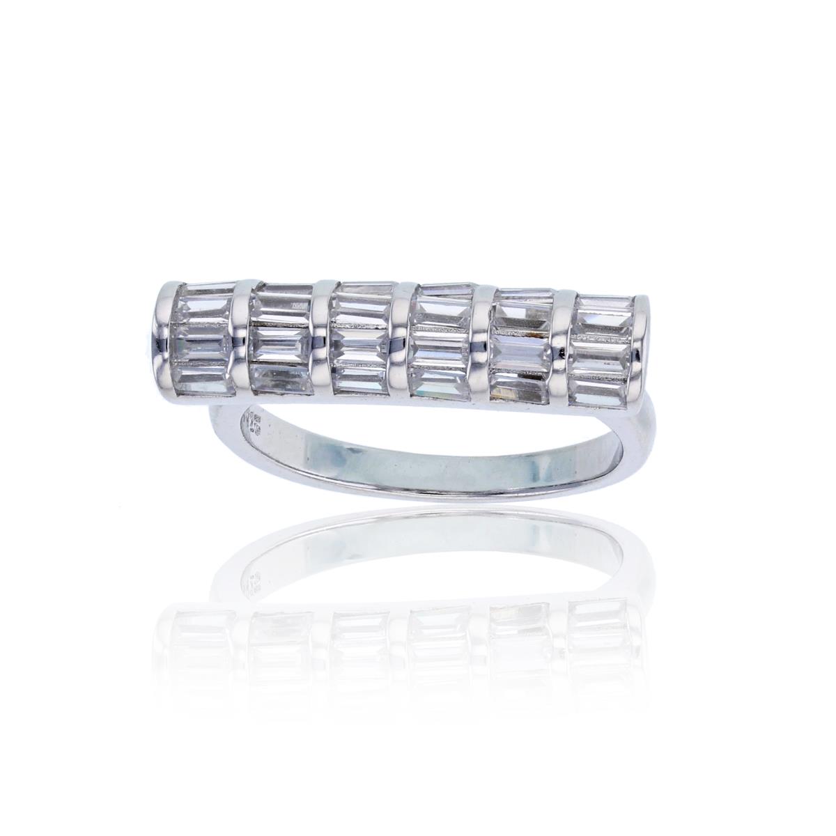 Sterling Silver Rhodium Pave Baguette Sectioned Domed Top Fashion Ring