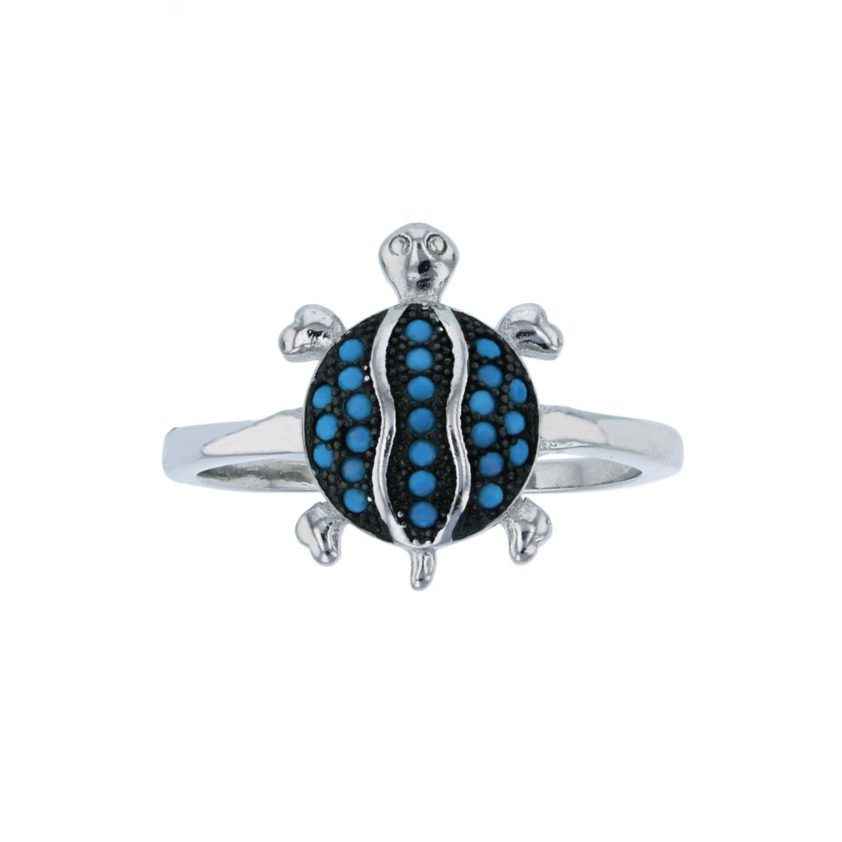 Sterling Silver Black & Rhodium Turquoise CZ Milgrain Turtle Round Top Fashion Ring