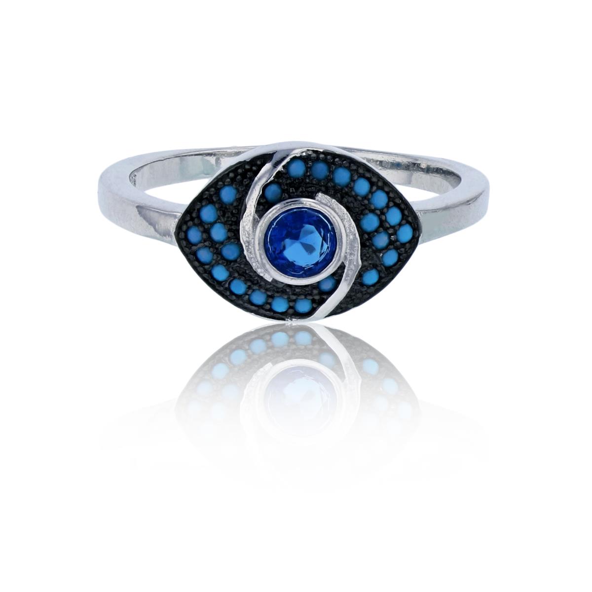 Sterling Silver Black & Rhodium 4mm Sapphire Rd Cut & Turquoise CZ Evil Eye Milgrain Fashion Ring