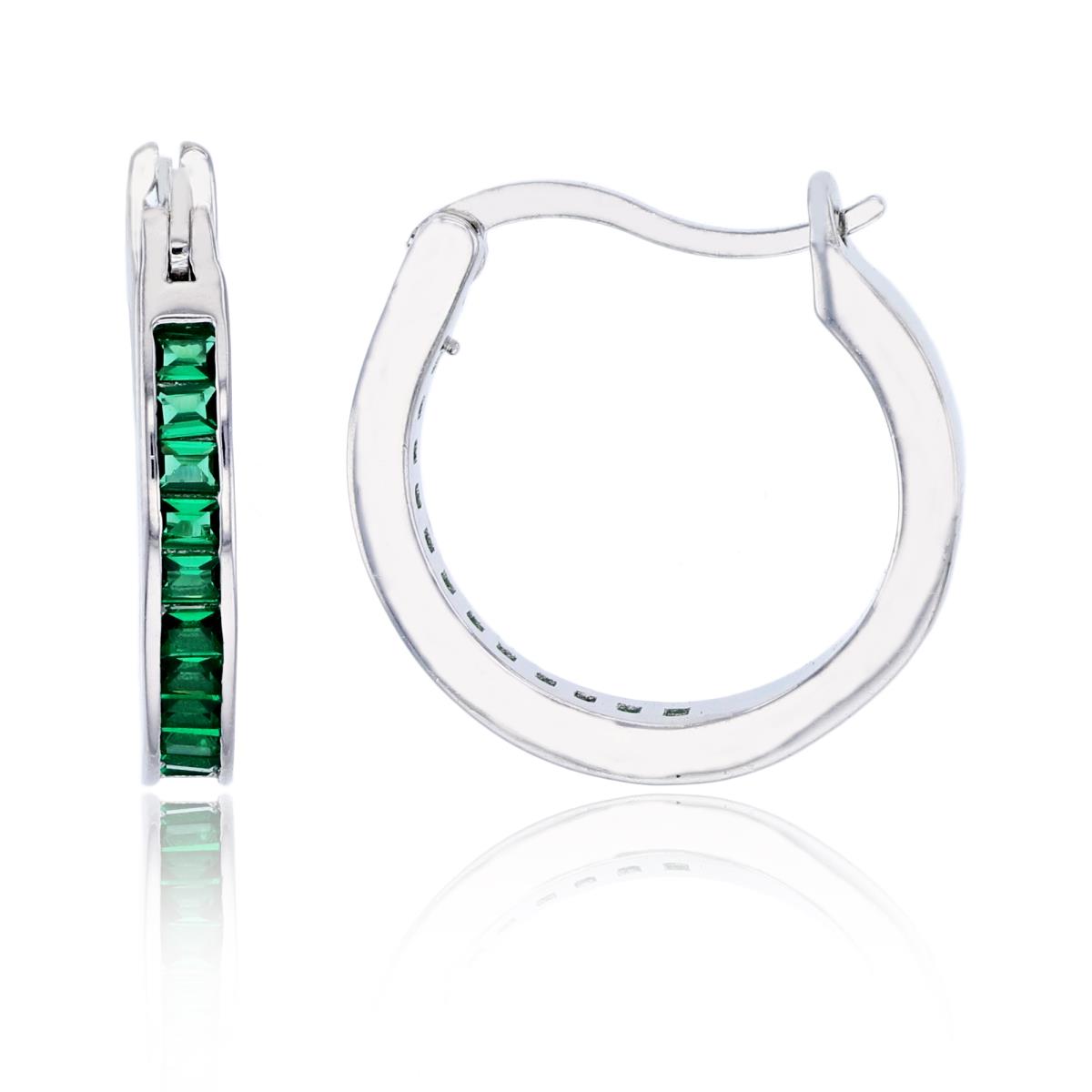 Sterling Silver Rhodium 20x3mm Emerald CZ One Row Baguette Hoop Earring