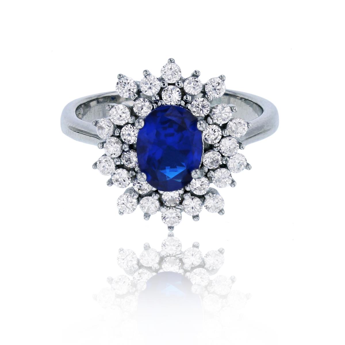 Sterling Silver Rhodium 8x6mm Sapphire Oval Cut & White Rd Snowflake Fashion Ring