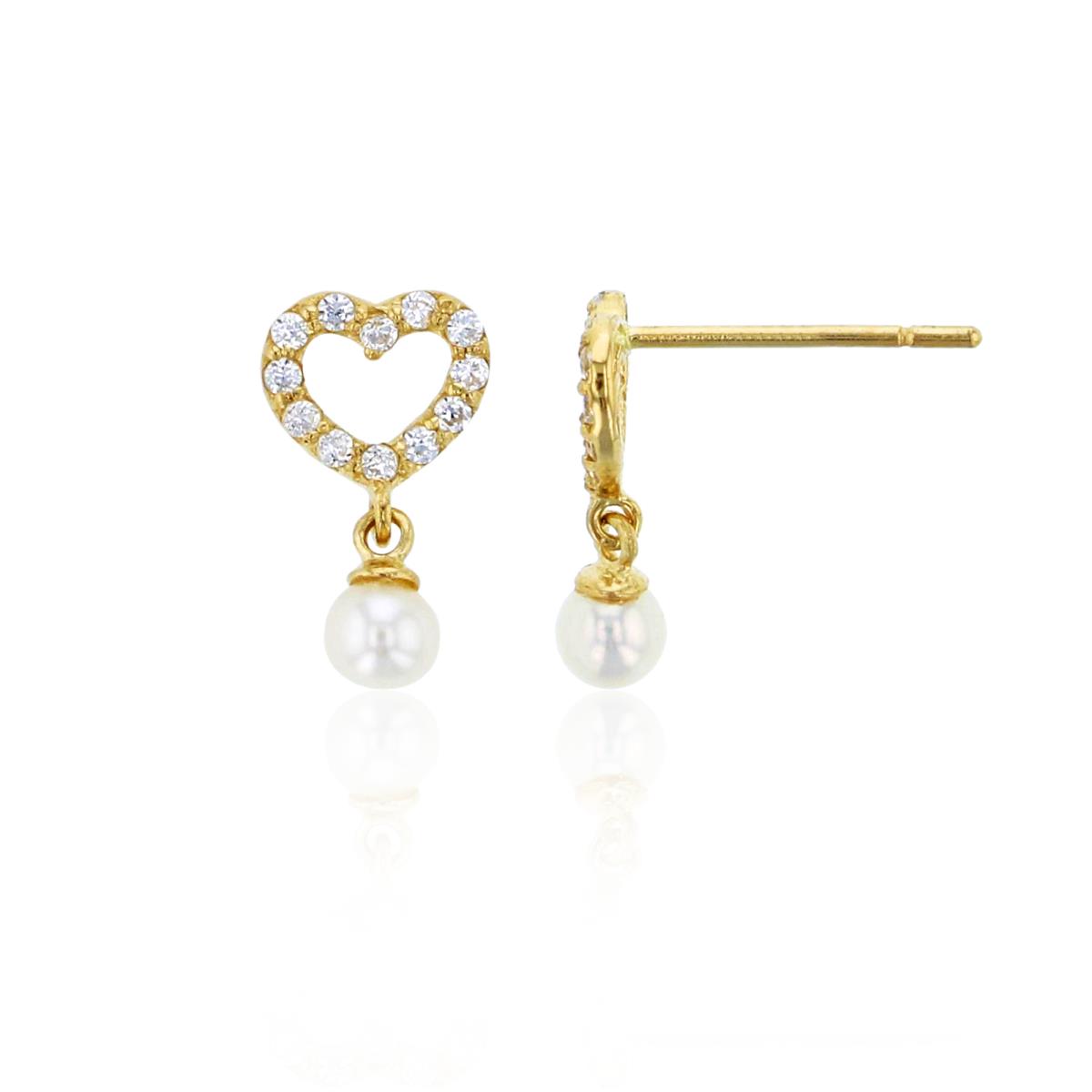 14K Yellow Gold Pave White Swarovski Zirconia Open Heart with 3mm Fresh Water Pearl Drop Earring & 14K Silicone Back