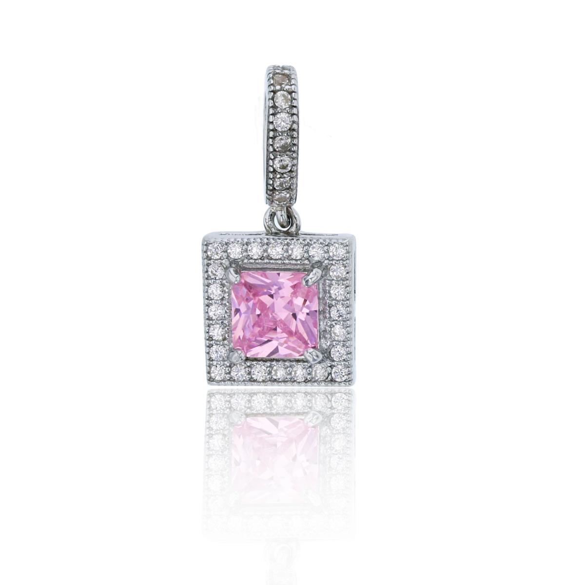 Sterling Silver Rhodium 5.00mm Pink Square & White CZ Halo Pendant