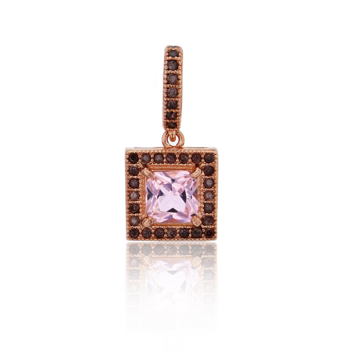 Sterling Silver Rose 5.00mm Morganite Nano Square & Brown CZ Halo Pendant