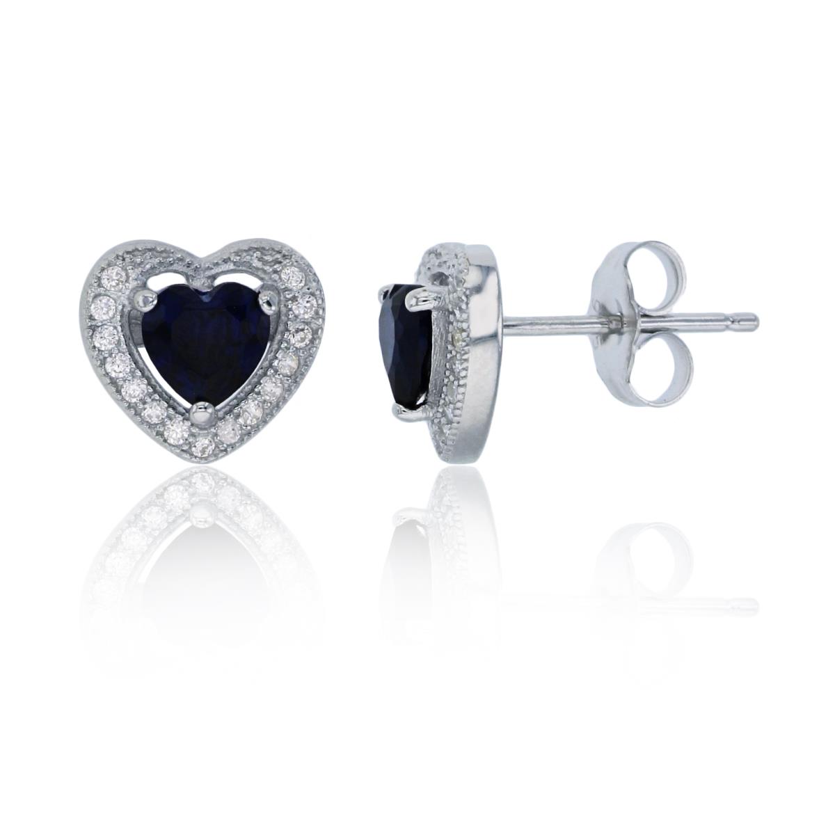 Sterling Silver Rhodium 5mm Sapphire 9x9mm Heart & White CZ Halo Pave Stud Earring