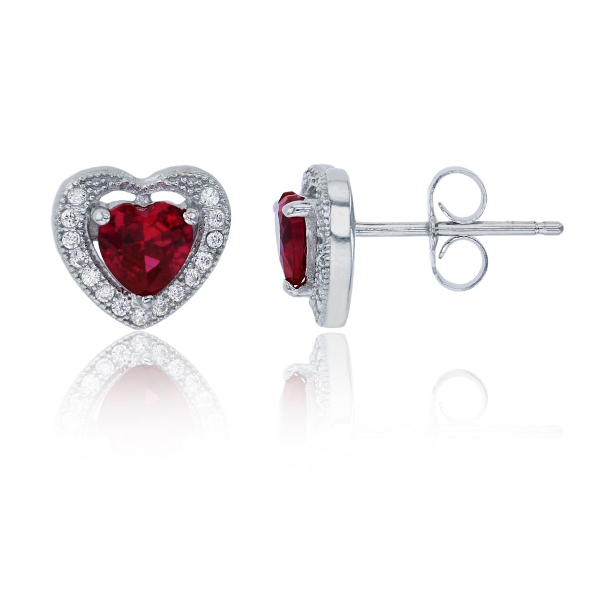 Sterling Silver Rhodium 5mm Ruby  9x9mm Heart & White CZ Halo Pave Stud Earring