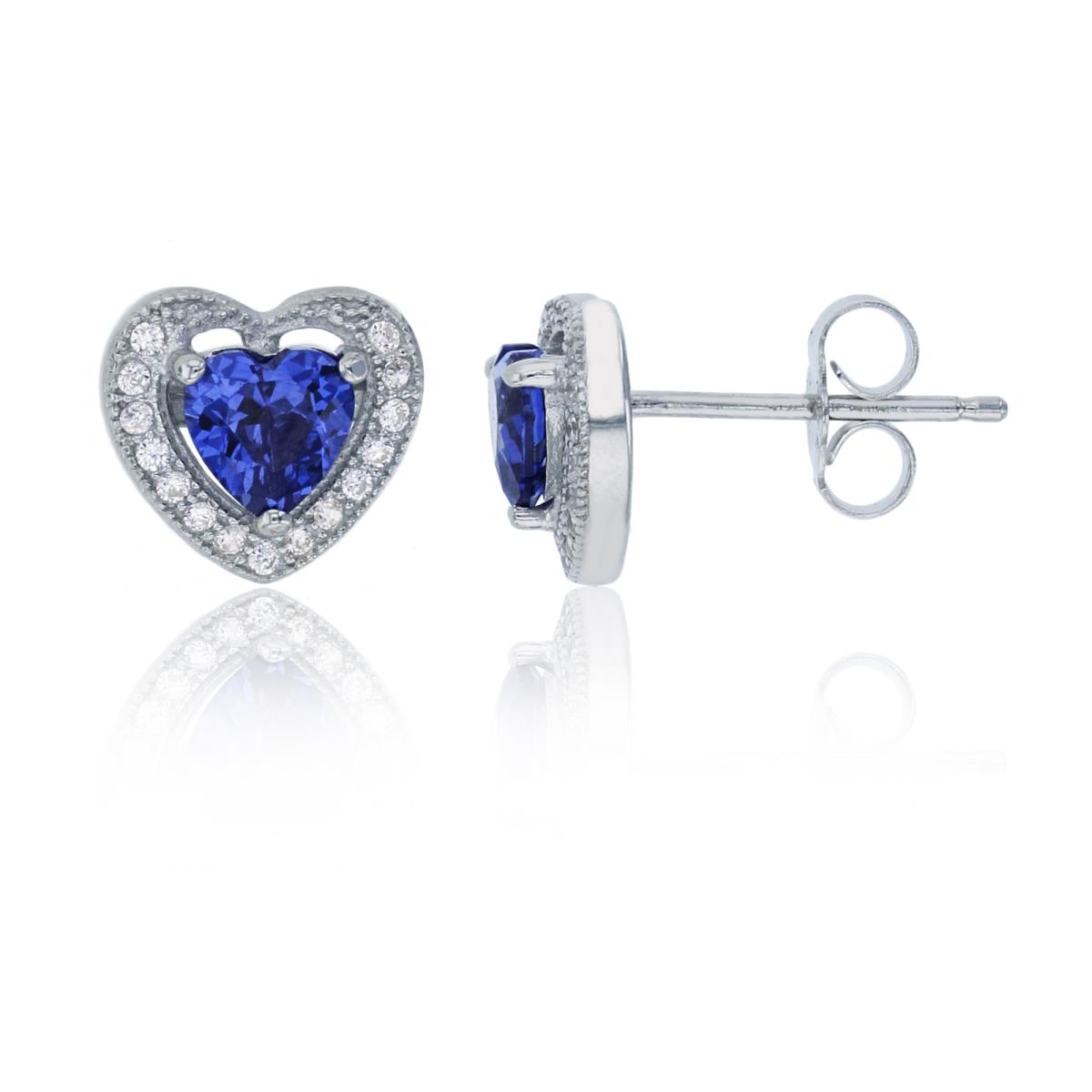 Sterling Silver Rhodium 5mm Tanzanite 9x9mm Heart & White CZ Halo Pave Stud Earring