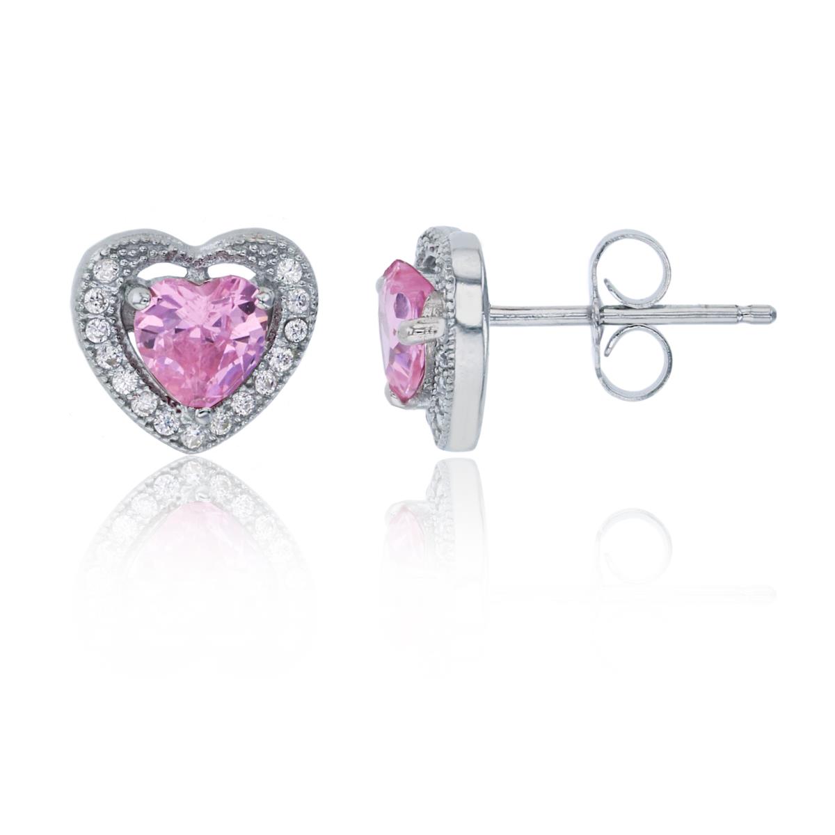 Sterling Silver Rhodium 5mm Pink 9x9mm Heart & White CZ Halo Pave Stud Earring