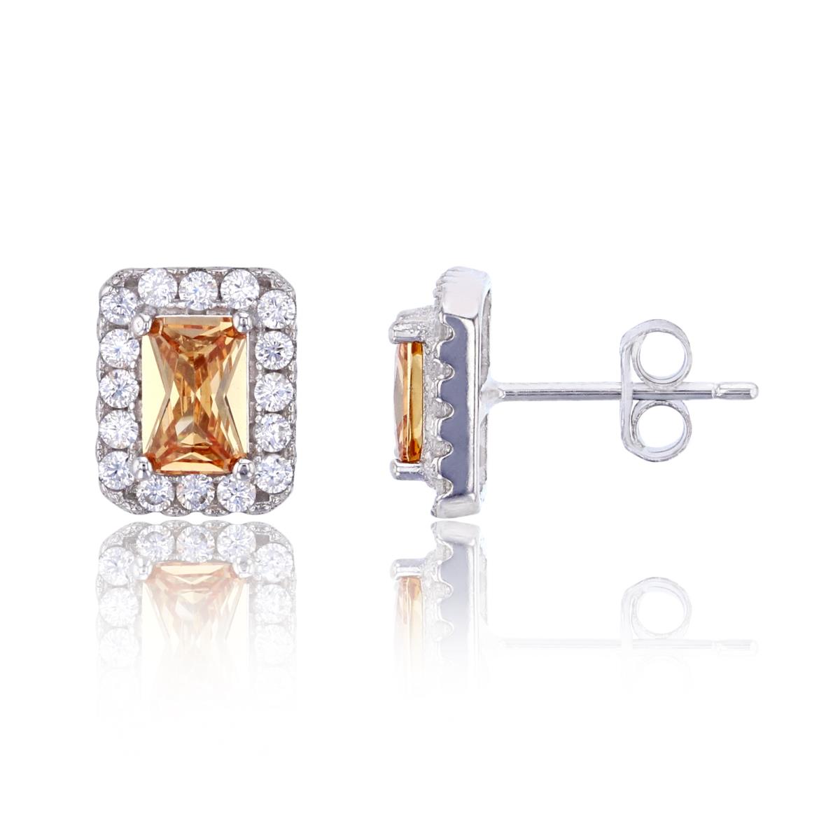 Sterling Silver Rhodium 8x6mm Champagne Emerald Cut CZ & White Pave Halo Stud Earring