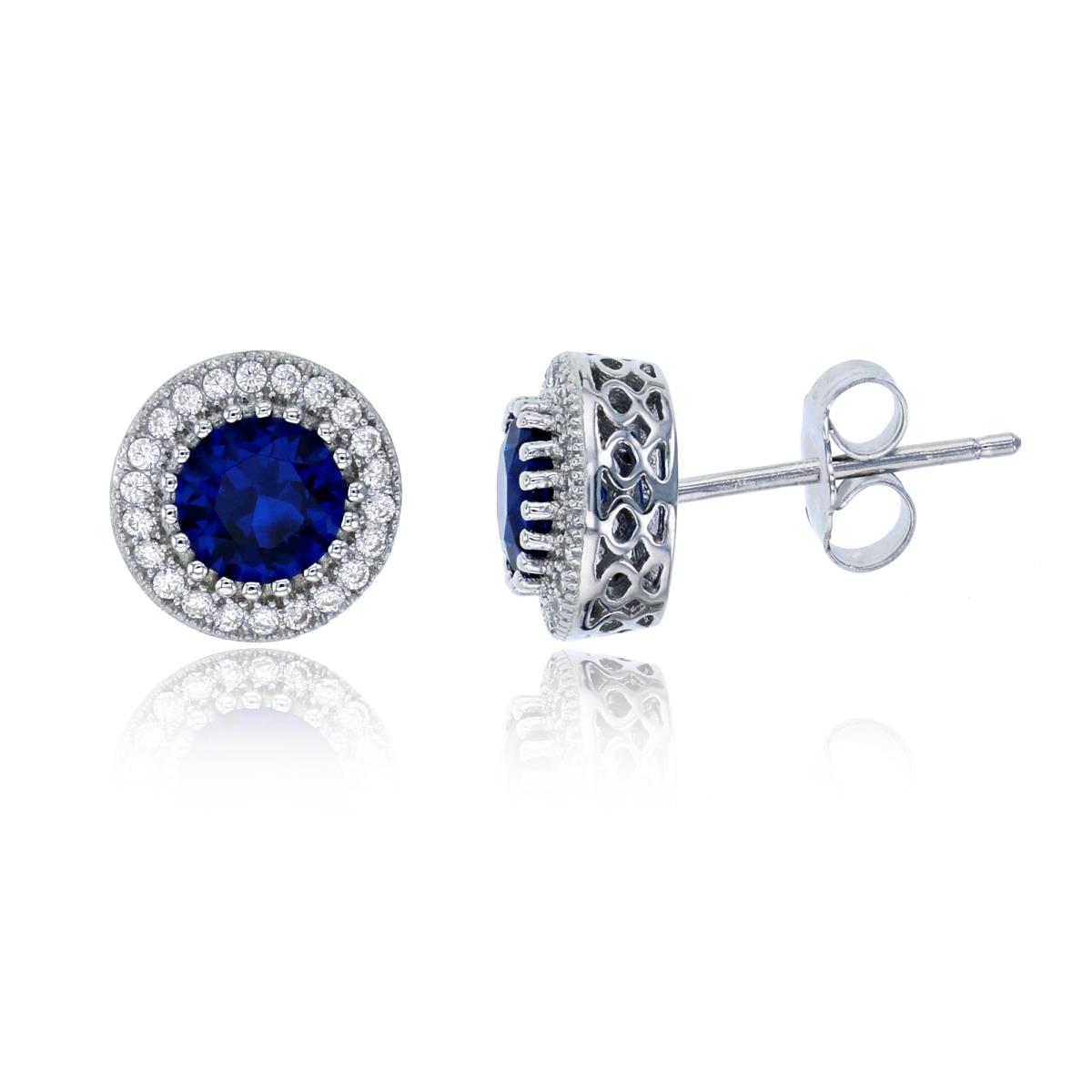 Sterling Silver Rhodium 5.5mm Blue Round Pave Stone Halo Stud