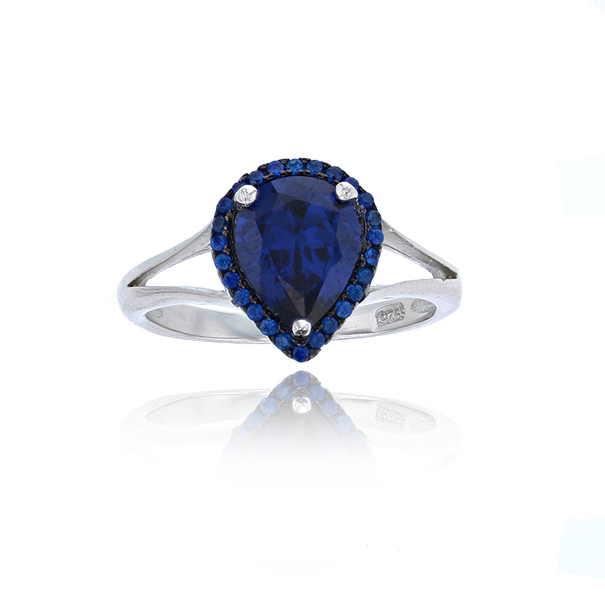 Sterling Silver Black & Rhodium 9x6mm Sapphire Pear Cut CZ Halo Fashion Ring